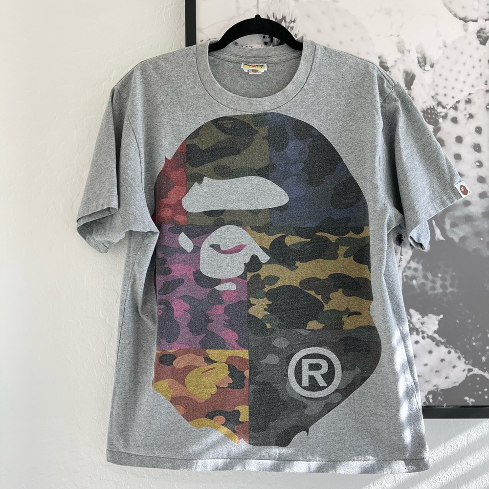 Bape Multi Colored Camo Big Head Ape Gray Tee Men’s Short Sleeve T-shirt